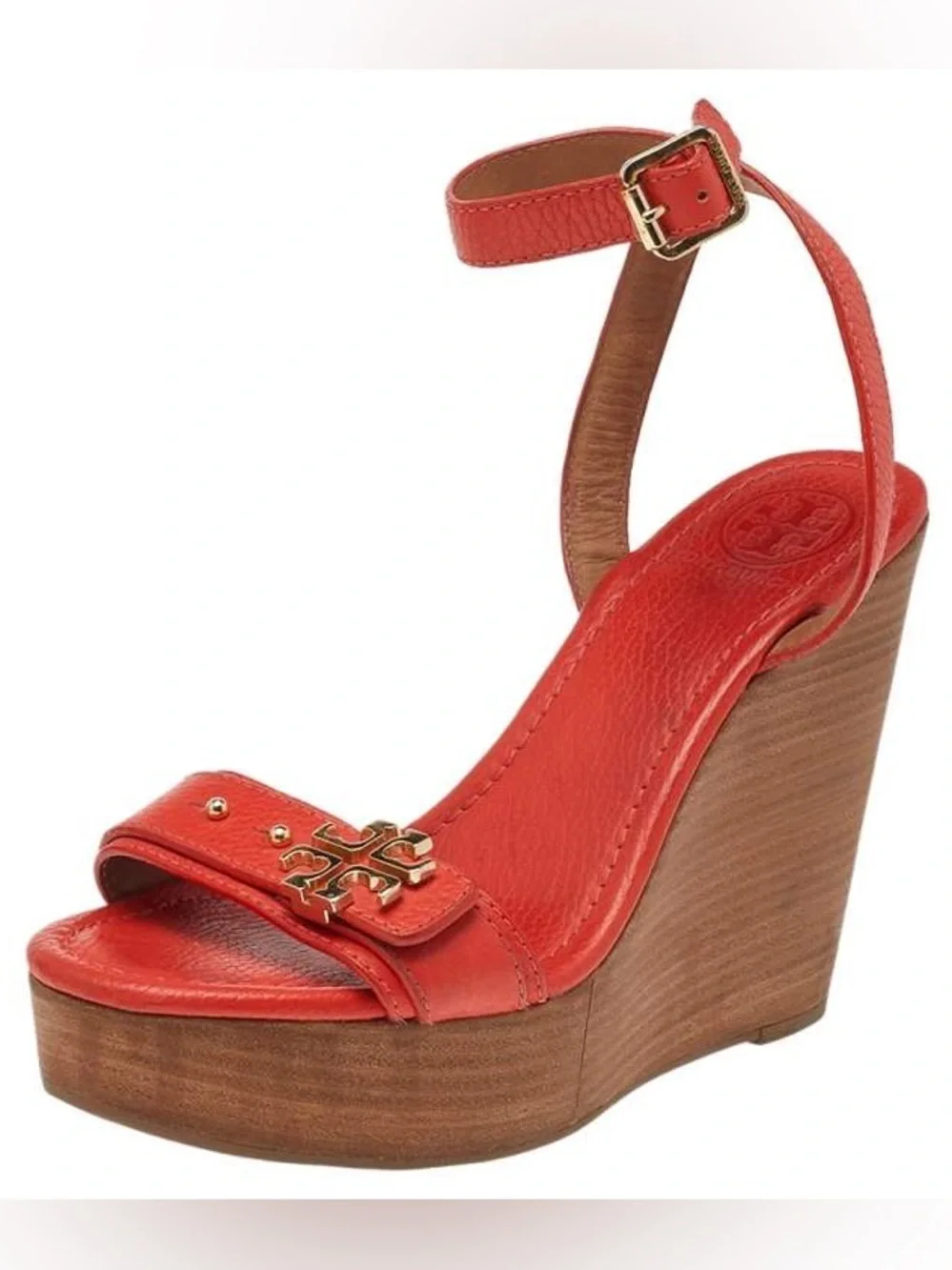 Tory Burch Red-Orange Leather Ankle-Strap Wedge Sandal Size 7
